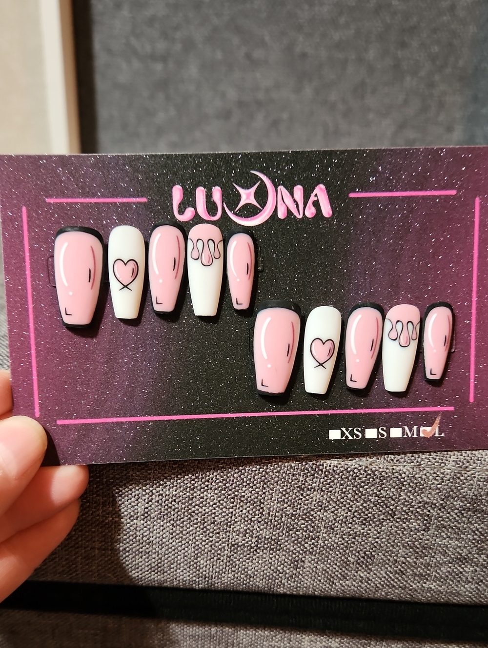 Matte Pink/White Press On Nails. Size Large